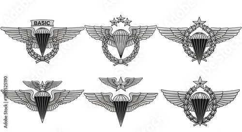 Set of Military Paratrooper Wings and Airborne Badges Insignia with Parachutes, Stars, and Laurel Wreaths Isolated on White Background