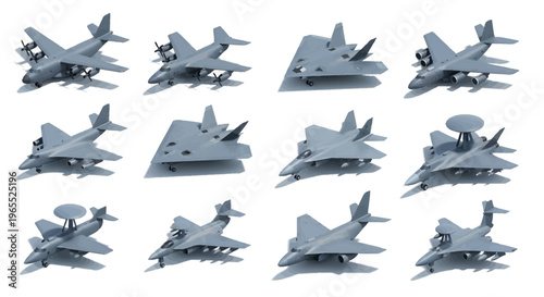 Collection of 3D Military Aircraft Models Including Fighter Jets, Stealth Bombers, AWACS, and Cargo Planes Isolated on White Background