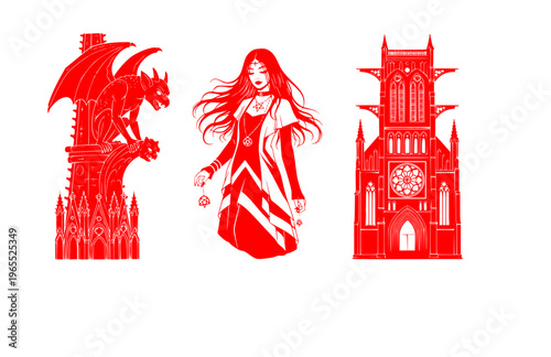 Goth Girl with Stone Gargoyle Silhouette Sticker, Cemetery Ritual Aesthetic Vector, Traditional Gothic Architecture Illustration