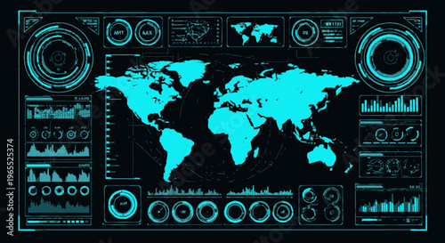 Futuristic HUD World Map Digital Dashboard with Data Visualization - Global Cyber Technology Interface Concept for Business Analytics and Security Monitoring