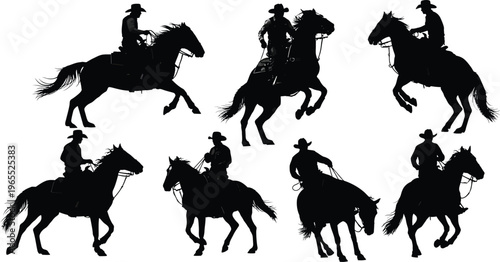 Cowboys Riding Horses Silhouettes on White Background