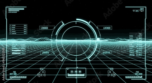 Futuristic HUD Interface with Targeting Reticle, Neon Wireframe Landscape, and Cyberpunk Data Display for Gaming and Tech Visuals