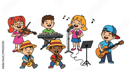 Children joyfully performing a musical concert with various instruments