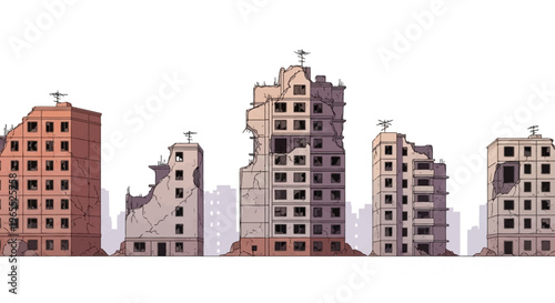 Destroyed City Buildings Illustration, Post-Apocalyptic Urban Ruins and War Zone Architecture Set on White Background