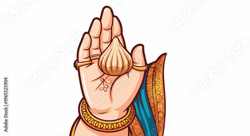 Ornate hand offers a sweet modak, adorned with rings and bracelets