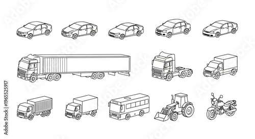 Isometric Vehicle Icon Set Line Art - Transport, Logistics, and Delivery Trucks, Cars, Bus, and Motorcycle Outline Drawings