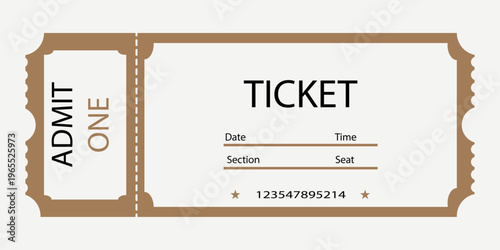 Elegant brown and cream ticket design featuring placeholders for date time section and seat information, antique western style decorative typography. Vector Simple Ticket.