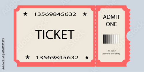 Ticket Illustration of red vintage admission ticket template with bar code and numbering on grey background. Vector simple flat style graphic for events and shows.Ticket.