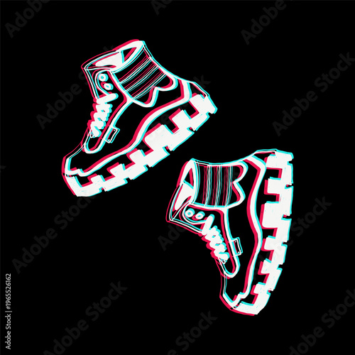 Alternative platform boots with 3D anaglyph glitch effect. Cyberpunk and techno aesthetic footwear illustration on black background. Edgy streetwear design