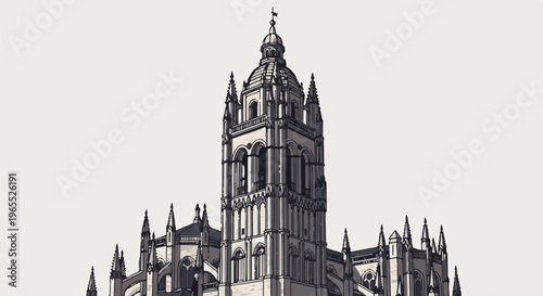 Ornate gothic cathedral tower with pointed arches and spire against pale sky