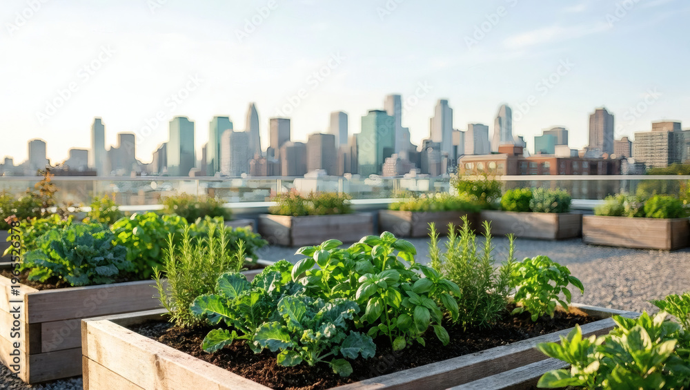 Fototapeta premium Rooftop Urban Garden and Green Terrace with City Skyline for Sustainable Lifestyle Advertising AI Generated Photo