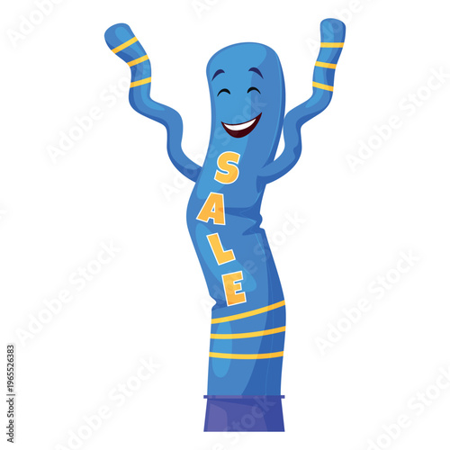 An illustration of an inflatable blue dancing man waving his arms, drawing shoppers attention to a sale in front of a store. He sways in the wind, drawing attention to the current promotion.