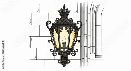 Ornate lantern illuminates textured wall beside gothic architectural detail