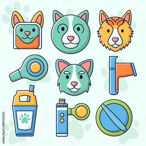 Cartoon illustrations of various dog faces and pet care accessories like whistles, water bottles, and grooming tools.
