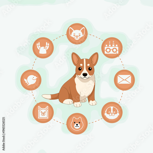 Cute cartoon corgi dog surrounded by a circle of various stylized icons on a light background, representing different concepts.