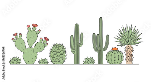 A collection of various desert cacti and succulents in a line