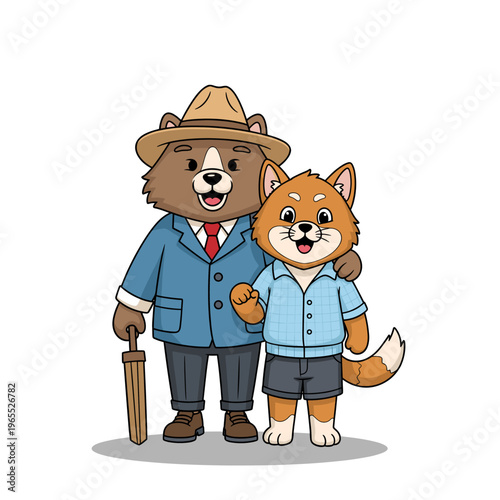 Cartoon illustration of a happy bear in a suit and a fox in casual clothes standing together, with the bear's arm around the fox.