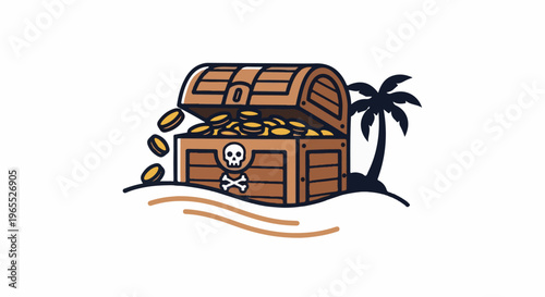 Open treasure chest spilling gold coins on a sandy island with a palm tree