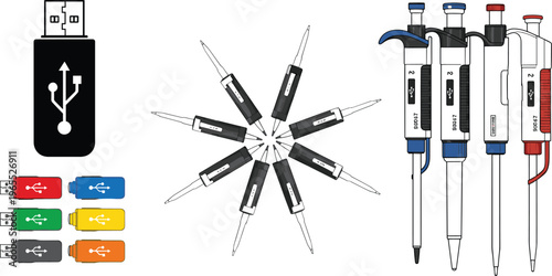 USB flash drive and laboratory micropipette tools set scientific equipment vector