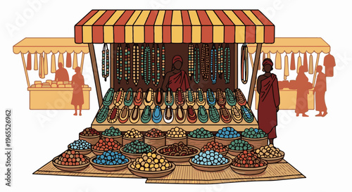 Open-air market stall with colorful beads, jewelry, and goods