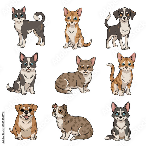 A charming collection of nine distinct dog and cat breeds, each rendered in a delightful cartoon style, showcasing a variety of colors and patterns.