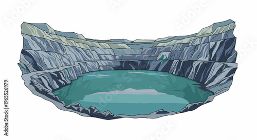 Open-pit mine with a turquoise lake at the bottom, surrounded by rocky layers