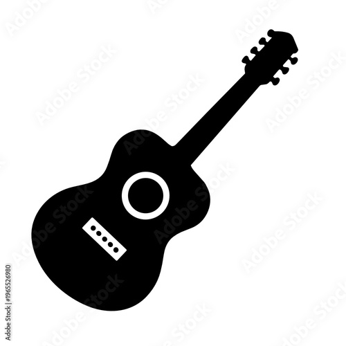Black acoustic guitar icon for music apps, live performance branding, instrument categories, song education, and entertainment themed graphic design projects.