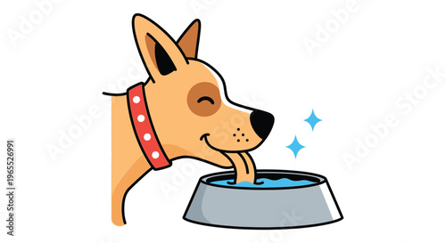 Cartoon dog drinking water from a bowl with a happy expression
