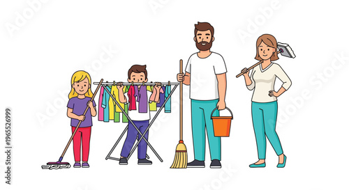 Family cheerfully cleaning their home together with various tools