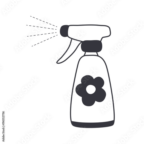 Spray product for home cleaning, doodle style. Hand drawn black outline illustration of spray bottle. Sanitizer, window cleaner, fragrance, air freshener, bathroom, toilet cleaner. Vector graphic