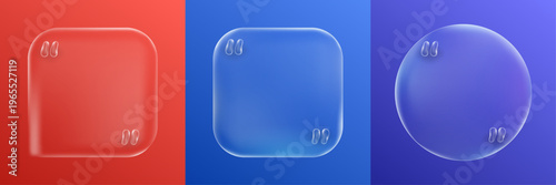 Vector illustration. Glassmorphism quote frames on colored backgrounds. Frosted glass effect with translucent quote marks. Modern 3D UI design elements for web banners, advertisements, social media
