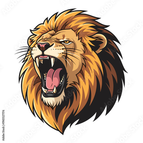 Detailed illustration of a roaring lion's head with a fierce expression and flowing mane.
