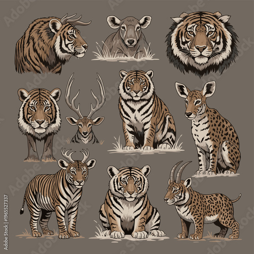 A collection of majestic wild animals, including tigers, deer, and antelopes, rendered in a detailed, realistic artistic style.