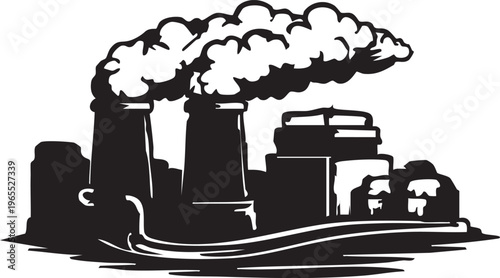 Geothermal Energy Plant Vector Silhouette, Renewable Earth Heat Power Generation and Sustainable Industrial Energy Silhouette