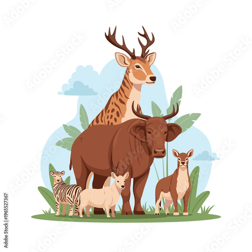 A diverse group of wild and domestic animals standing together in a natural outdoor setting, featuring a deer, bull, zebra, and smaller creatures.