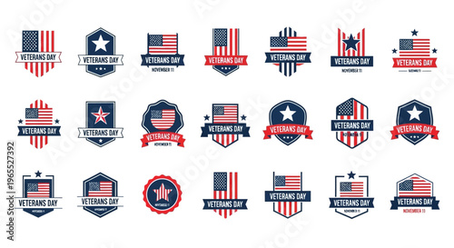 Veterans Day Badge Set - Patriotic American Flag Emblems and Logos for November 11th Honors, Military Appreciation Vector Icons in Red White and Blue