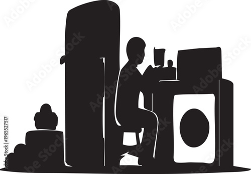 Man Sitting at Desk Working on Computer with Refrigerator and Washing Machine Vector Silhouette