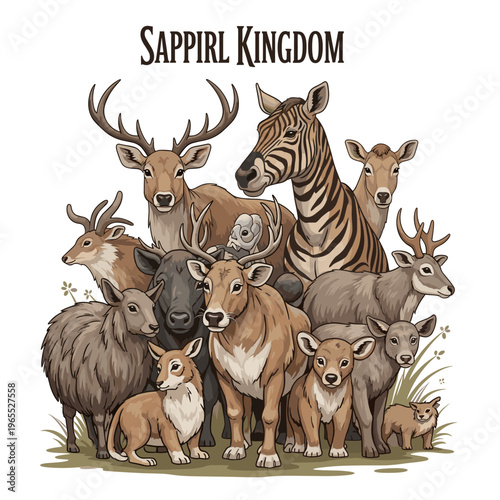 A diverse group of wild and domesticated animals gathered together in an illustrative style, featuring deer, zebra, cows, and sheep.