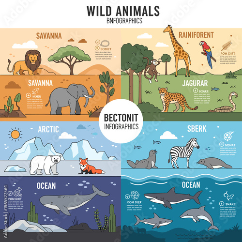 Infographic showcasing diverse wild animals from various global habitats including savanna, rainforest, arctic, and ocean environments.