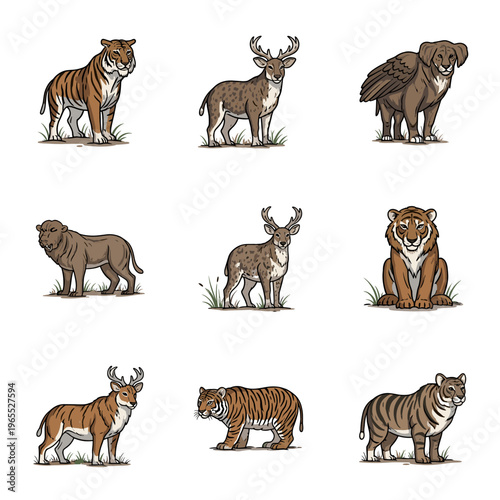 Collection of nine stylized illustrations of various wild animals, including tigers, deer, and a mythical creature, presented in a grid format.