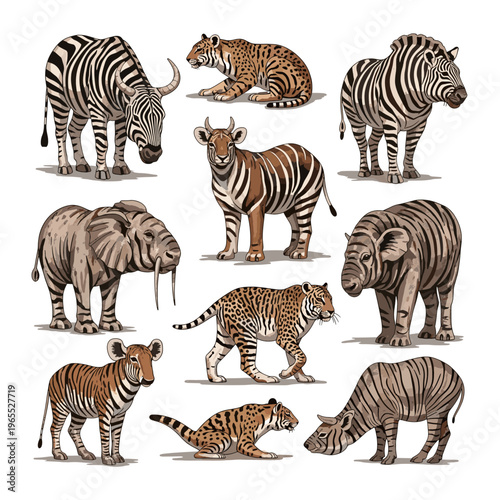 A collection of diverse wild animals, including zebras, tigers, elephants, and other savanna creatures, rendered in a detailed illustration style.