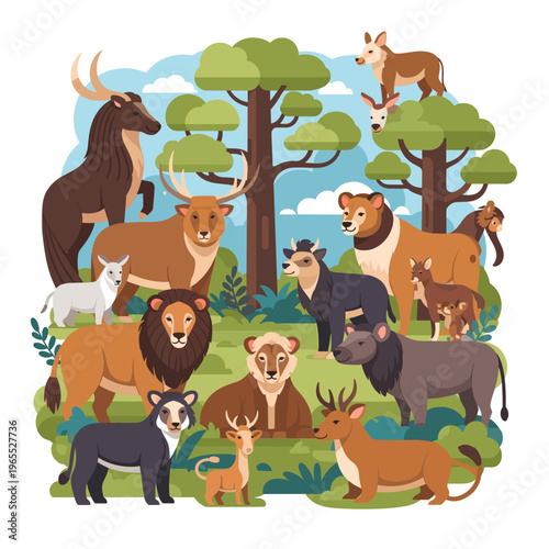 A vibrant illustration of diverse wild animals including lions, deer, and other mammals gathered in a lush forest landscape.