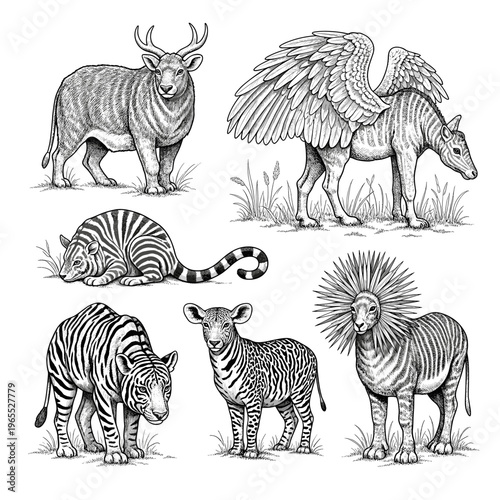 A collection of six detailed, black and white illustrations of mythical and hybrid creatures, including a winged horse, a zebra-lion, and other fantastical beasts.