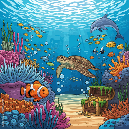 Vibrant underwater scene with diverse marine life including a sea turtle, dolphin, clownfish, and colorful coral reefs, featuring a hidden treasure chest.