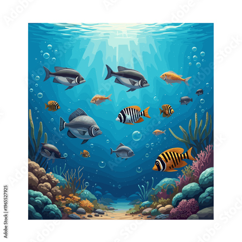 Vibrant underwater scene with diverse fish species swimming among colorful coral reefs and sun rays piercing the blue ocean depths.