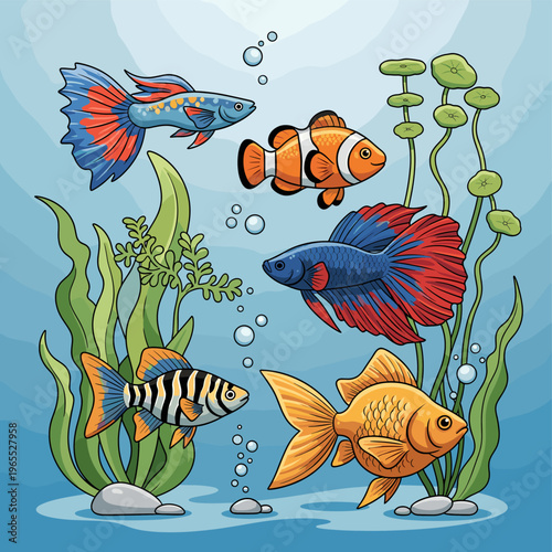 A vibrant underwater scene showcasing a diverse collection of colorful aquarium fish swimming amongst lush green aquatic plants and bubbling water.