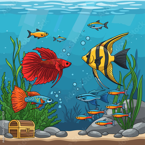 A vibrant underwater scene showcasing a variety of colorful freshwater aquarium fish swimming amongst aquatic plants and rocks, with a treasure chest at the bottom.