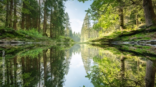 Reflection of coniferous forest in clear lake. Mirrored nature view with sunlight streaming through tall trees. Serene landscape scene for environmental conservation and travel concept.