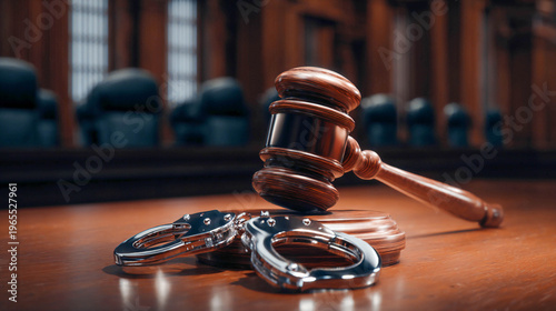 The judge's gavel, resting on a wooden stand, lies next to the metal handcuffs on the table in the empty courtroom. Justice, criminal proceedings, and punishment.