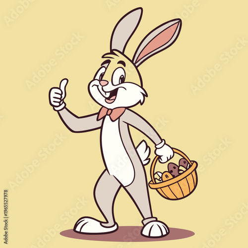 rabbit with a basket of carrots. Full body easter bunny mascot costume character standing on yellow background giving thumbs up cheerful pose for easter celebration and children events. 